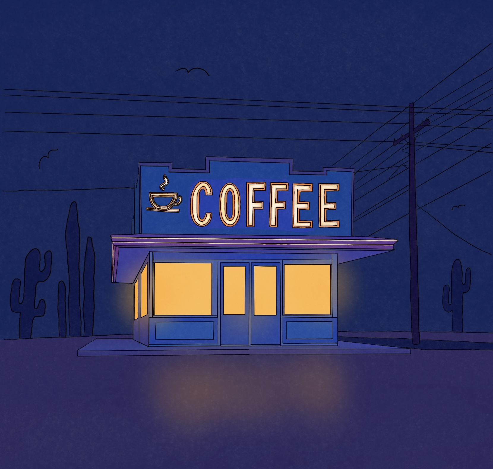 Coffee shop illustration at night